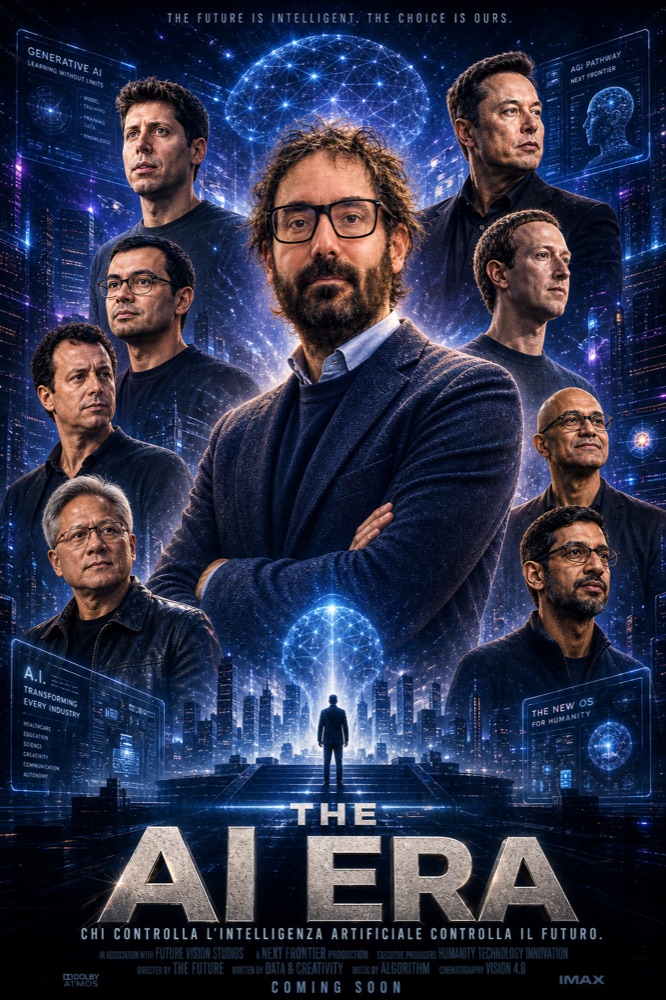 Locandina di THE AI ERA: Mattia Crivellini al centro, circondato dai volti dei protagonisti dell'intelligenza artificiale